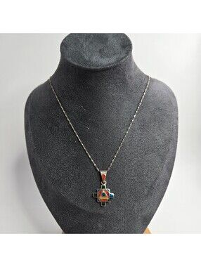 Peruvian Chakana Andean Cross 950 Silver Stone Inlay Pendant Necklace 925 chain